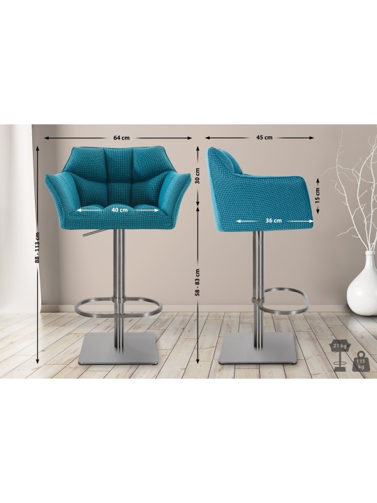 Sada 2 barových stoličiek Damaso látka nerez, tyrkysová