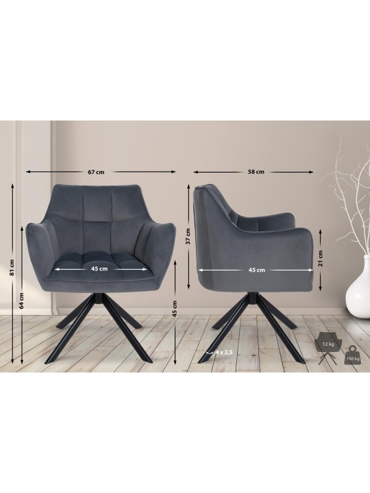 Hojdacia zamatová jedálenská stolička, tmavosivá