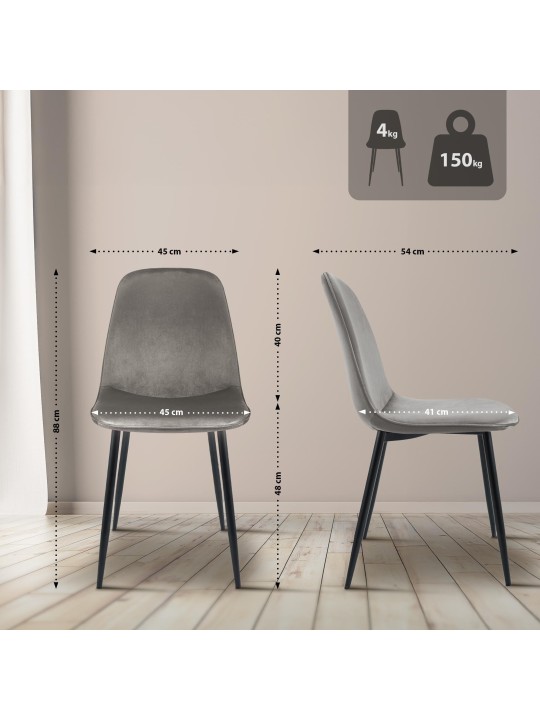 Sada 2 zamatových jedálenských stoličiek Maryam, svetlosivá